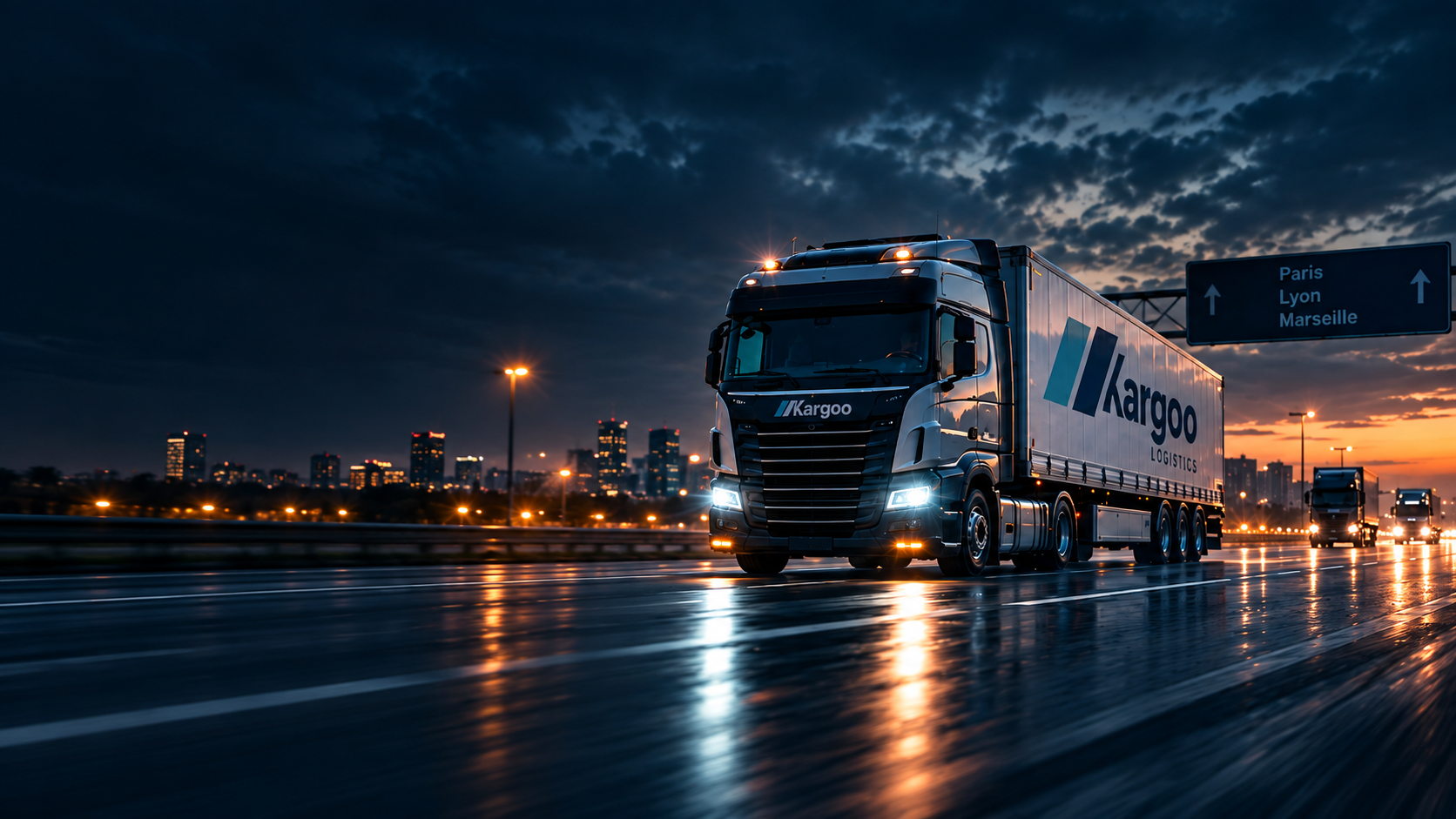 Camion Kargoo Logistics sur une autoroute sous la pluie